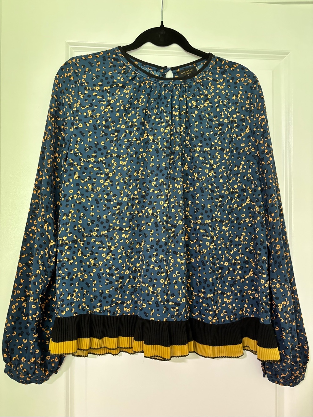 Current Air Blue Leopard Print Long Sleeve Blouse with Yellow Trim